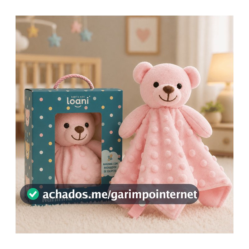 Naninha Bebê Ursinho Rosa Pipoquinha com Prendedor de Chupeta - Pelucia Ursinho Hipoalergenica