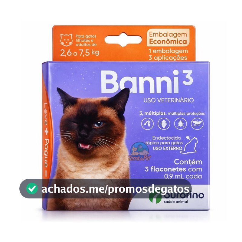 Kit com 3 Antipulgas Sarna Vermifugo Gatos Banni 3 Ourofino 2,6 A 7,5kg