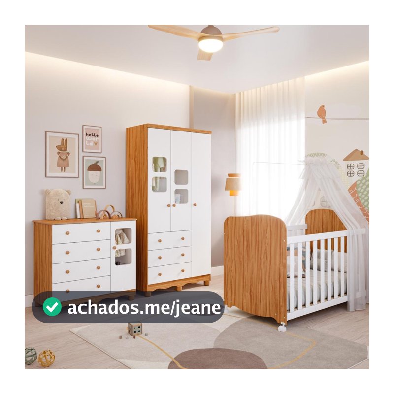 Quarto de Bebê Completo com Guarda Roupa 3 Portas Berço Americano Cômoda Uli 4 Gavetas 100%MDF