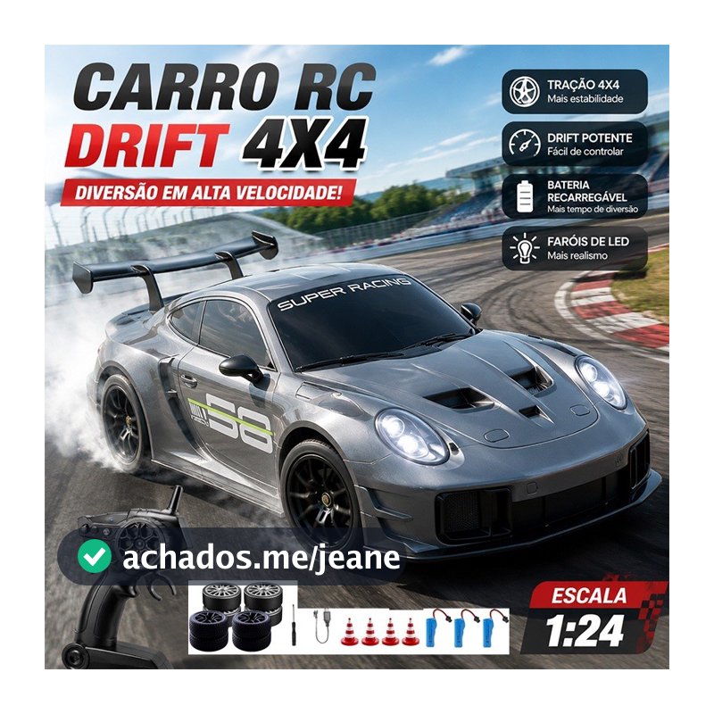 Carrinho Controle Remoto Drift 4x4 Estilo Porsche 911 1:24 com LED Bateria Recarregável Carro RC Esportivo