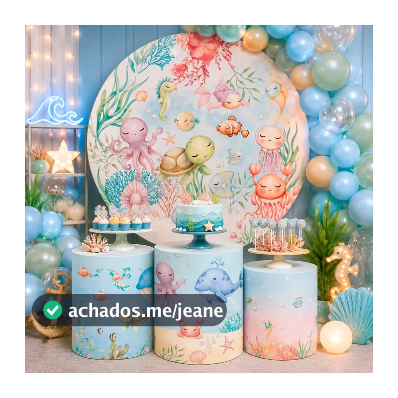 Kit Capa Painel + Trio de Cilindros Sublimados Fundo do Mar tartaruga azul claro infantil