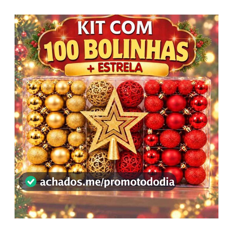 Kit 100 Bolas Natal Com Estrela Brinde Ponteira Flor Enfeite  Decoração Árvore Mista Fosca Lisa Vermelha Dourada