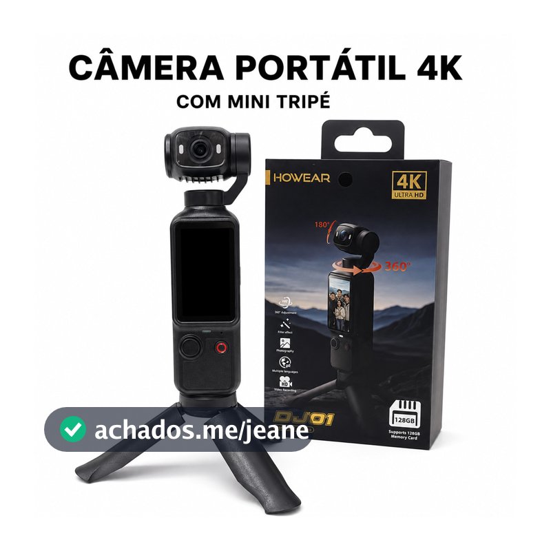 Câmera Portátil 4K DJ01 com Tela Rotação 360° Ajuste 180° e Mini Tripé para Vlog e Viagem