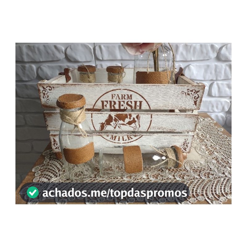 ADORNO MESA - CAIXOTE FARMHOUSE COM JOGO DE GARRAFAS