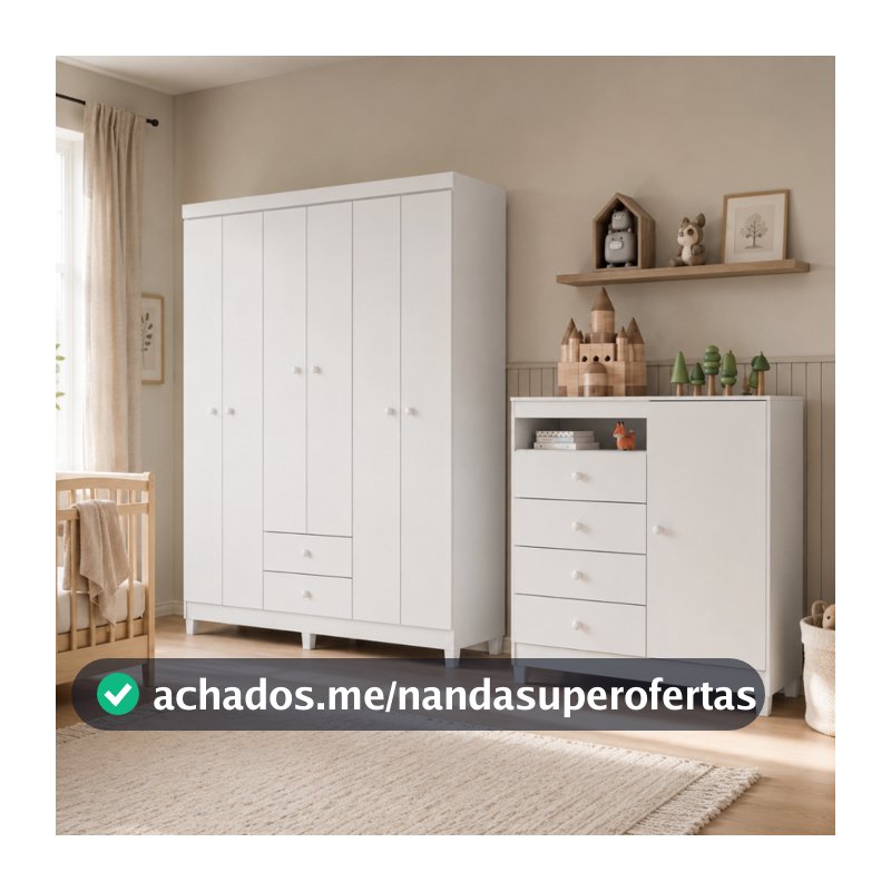 Kit Guarda Roupa Infantil 6 Portas com Cômoda Sapateira 4 Gavetas Branco Flex Azul ou Rosa para Quarto de Bebê