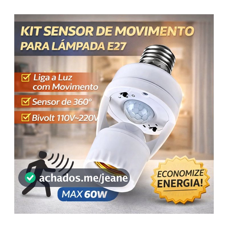Sensor de Movimento para lâmpada Soquete E27 c/ sensor de presença Bivolt 110V220V Max 60W