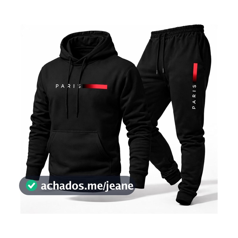Conjunto Moletom Unissex Canguru com Capuz e Calça Jogger Estampado Paris Inverno Casual