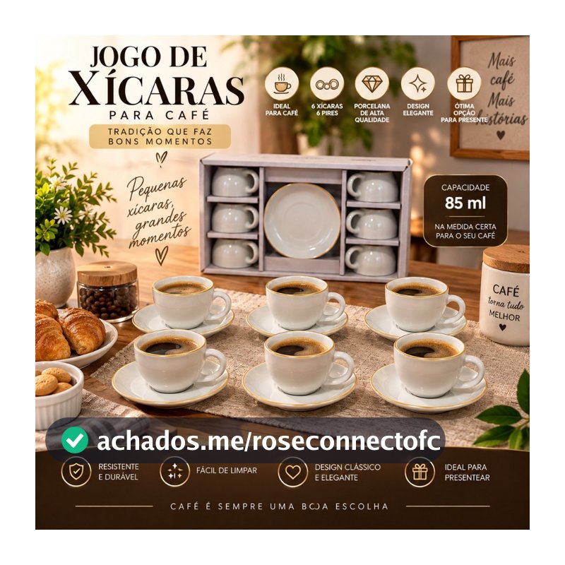 Conjunto 6 Xícaras Porcelana Branca 85 ml Pires Madeira Café Chá Mesa Café Manhã Mesa Posta Completa Aconchegante