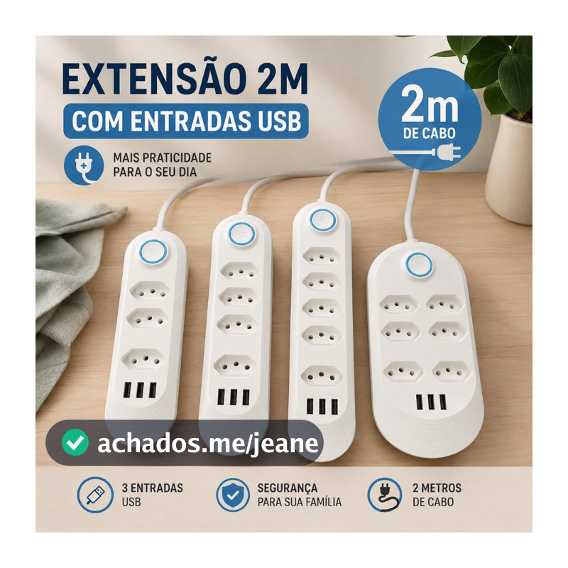 Cabo de extensão de energia de 2 m com 6 soquetes e 3 entradas USB, botão de tomada de energia - Venda