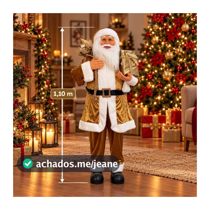 Boneco Papai Noel Grande 1,10 Dourado Estampado Natalino Para Decoração De Natal Decorativo