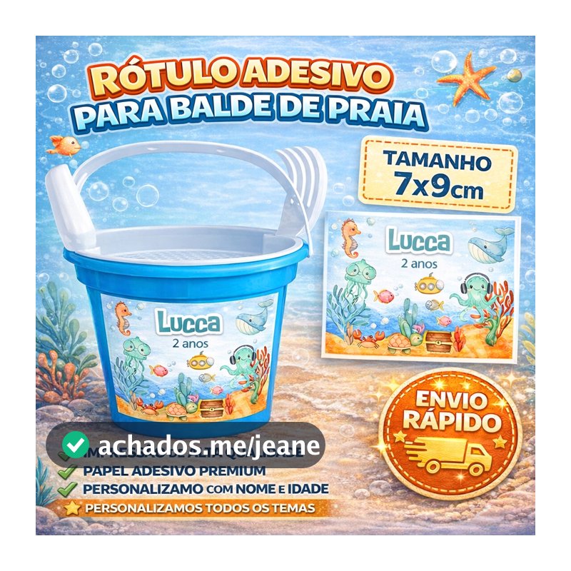 Rótulo Adesivo para Balde de Praia Personalizado | Nome e Idade | Lembrancinha Festa Infantil | 7x9cm | Qualquer Tema