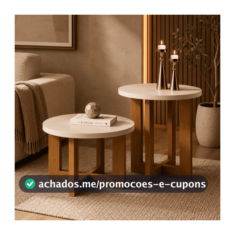 Conjunto com 1 Mesa Lateral e 1 Mesa De Centro Redonda Madeira Estilo Retrô Sala De Estar Decoração