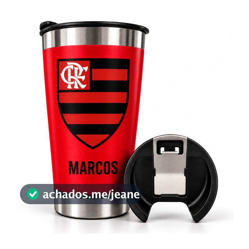 Copo Térmico Inox 473ml com Abridor e Tampa - Personalizado Time Vermelho e Preto RJ – Com Nome | Presente para Torcedor