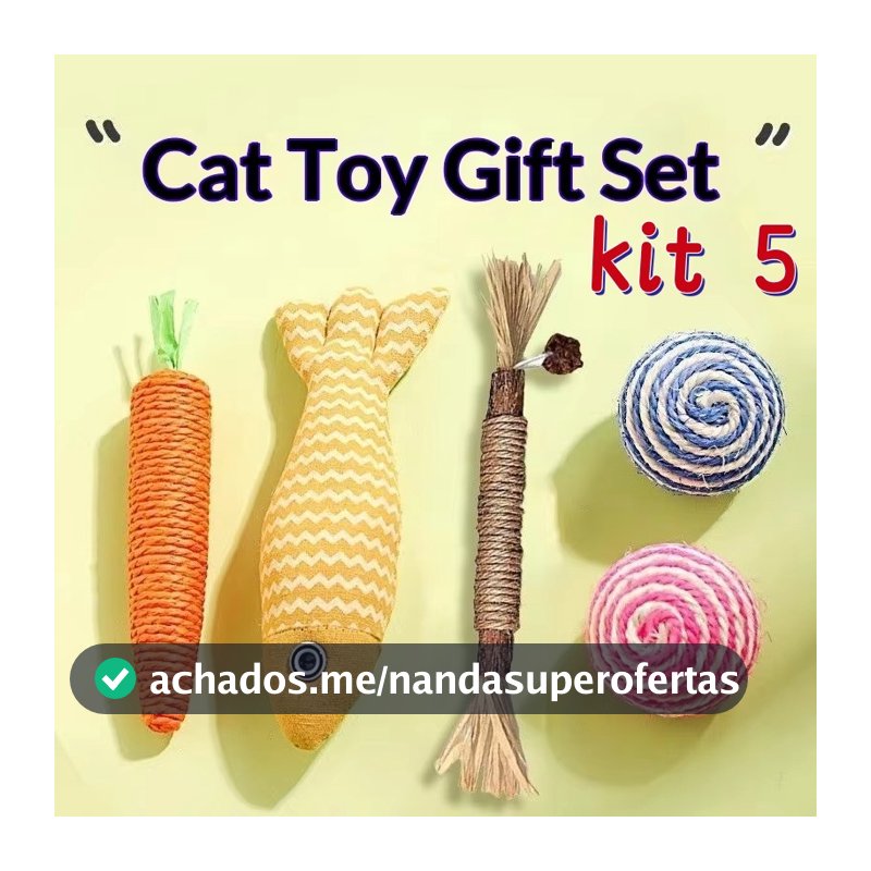 Kit 5 Brinquedos para gatos e Bastão Mastigável Mordedor Natural para Gato – Limpeza de Dentes e Diversão