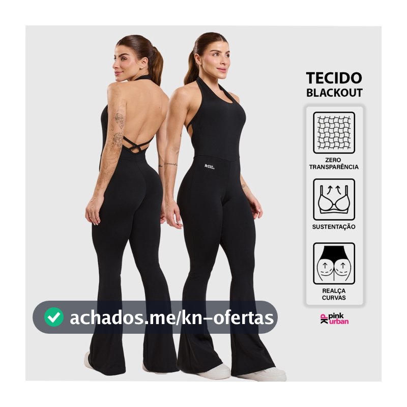 Macacão Fitness Feminino Flare Costa Nua Trançado Decote U Frente Única Blackout Zero Transparência