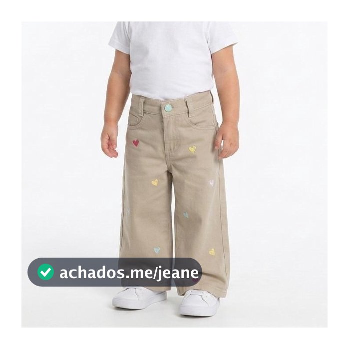 Calça Wide Leg Infantil Menina Com Regulagem Sarja Coração 1 ao 3 anos