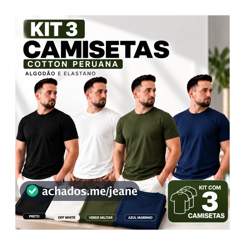 Kit 3 Camisetas Cotton Peruana Masculina Lisa Slim Manga Curta Algodão e Elastano Casual