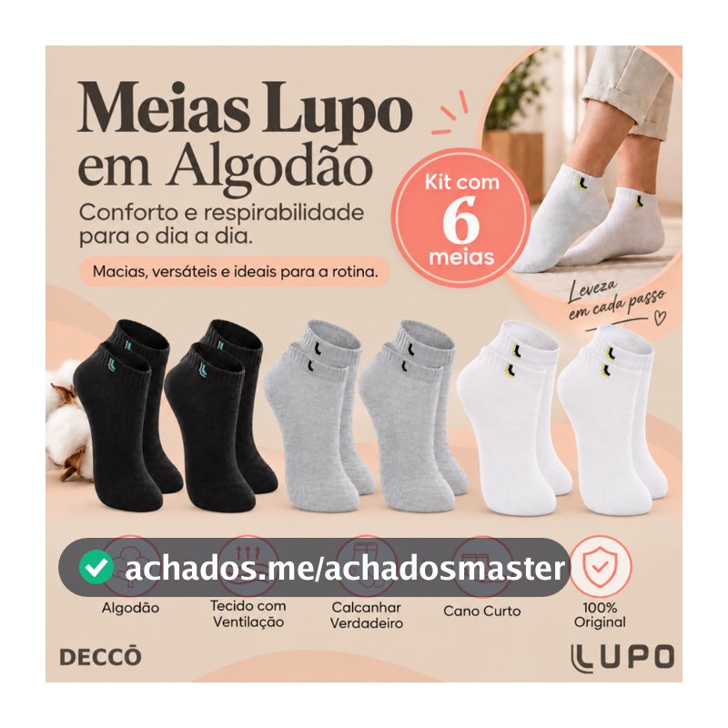 Kit De 6 Pares Meias Lupo Kids Infantil Cano Curto Algodão Tamanho 24 ao 35