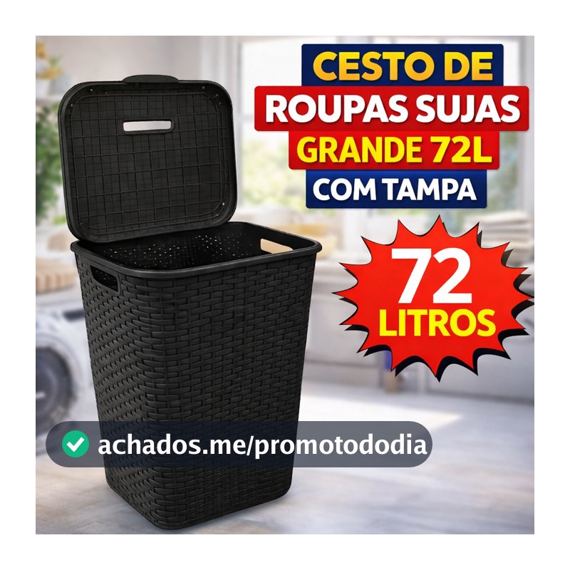 Roupeiro Cesto de Roupa Suja Grande 72L com Tampa Rattan para Lavanderia Banheiro Multiuso Gigante Família Premium