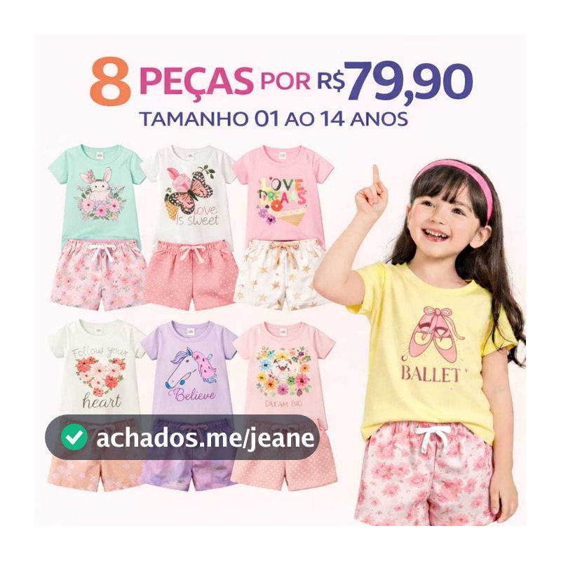 Kit 8 Peças 4 Conjuntos Verão Menina Infantil e Juvenil Tamanho 01 ao 16