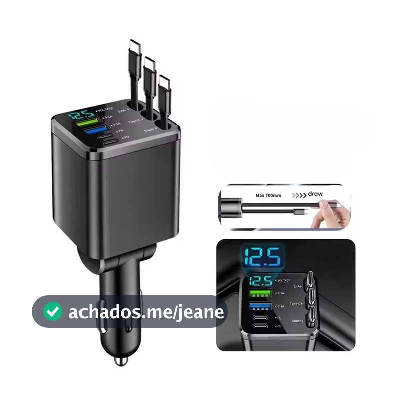 Carregador de carro para celular Type-C 7 em 1 com cabo de expansão, adaptador automotivo de carregamento rápido USBPD