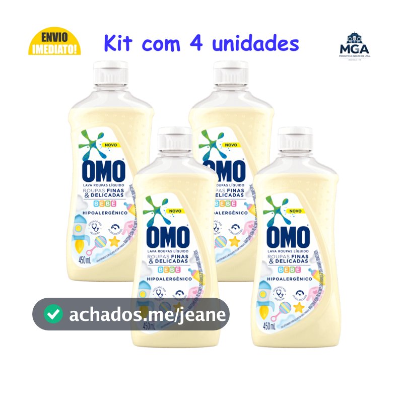 Kit OMO Sabão Líquido Bebê 450ml Hipoalergênico Roupas Delicadas Lava Roupas Infantil