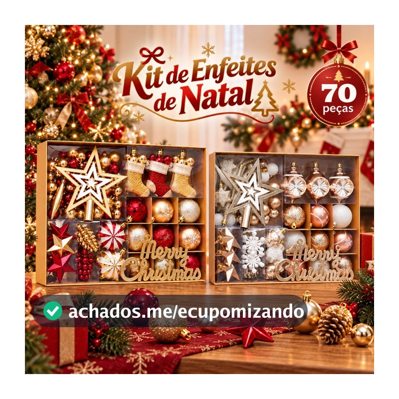 Kit 70 Peças Enfeites de Natal Vermelho e Dourado Decoração Natalina para Árvore, Guirlanda e Casa