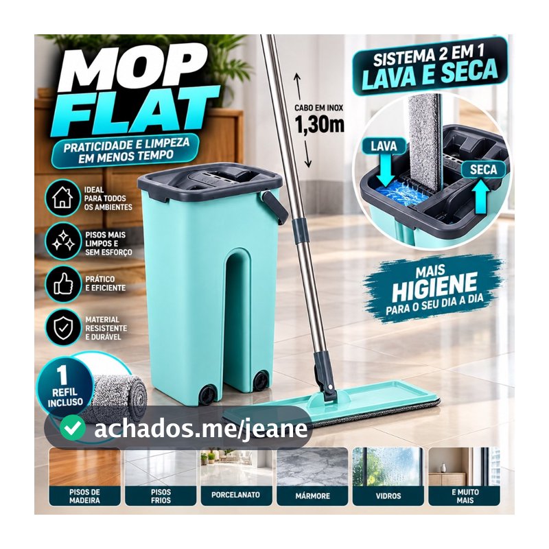 Flat Mop com Refil 6 Litros Esfregão Com Balde Rodo Mágico Lava Seca Tira Pó