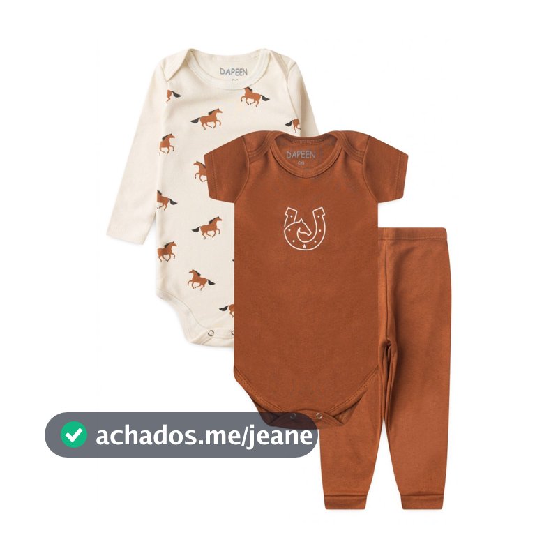 Kit Roupas Bebê Menino Algodão | Body Mijão Pagão Estampa Cavalo Off White
