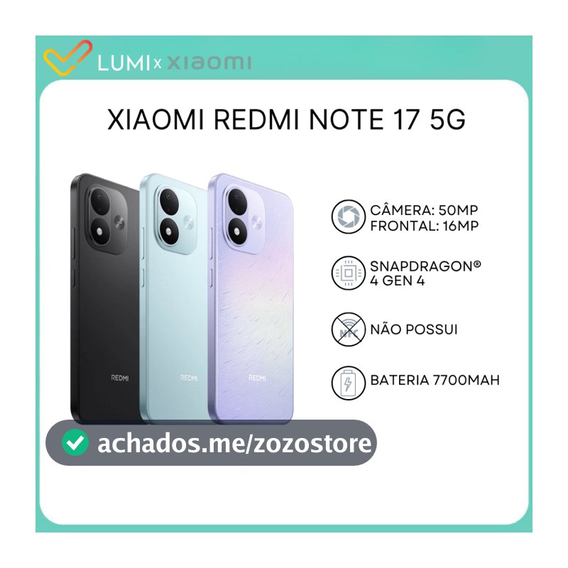 Xiaomi Redmi Note 17 5G, Bateria 7700 mAh, Versão Global, Snapdragon® 4 Gen 4, 128/256GB + 6GB RAM
