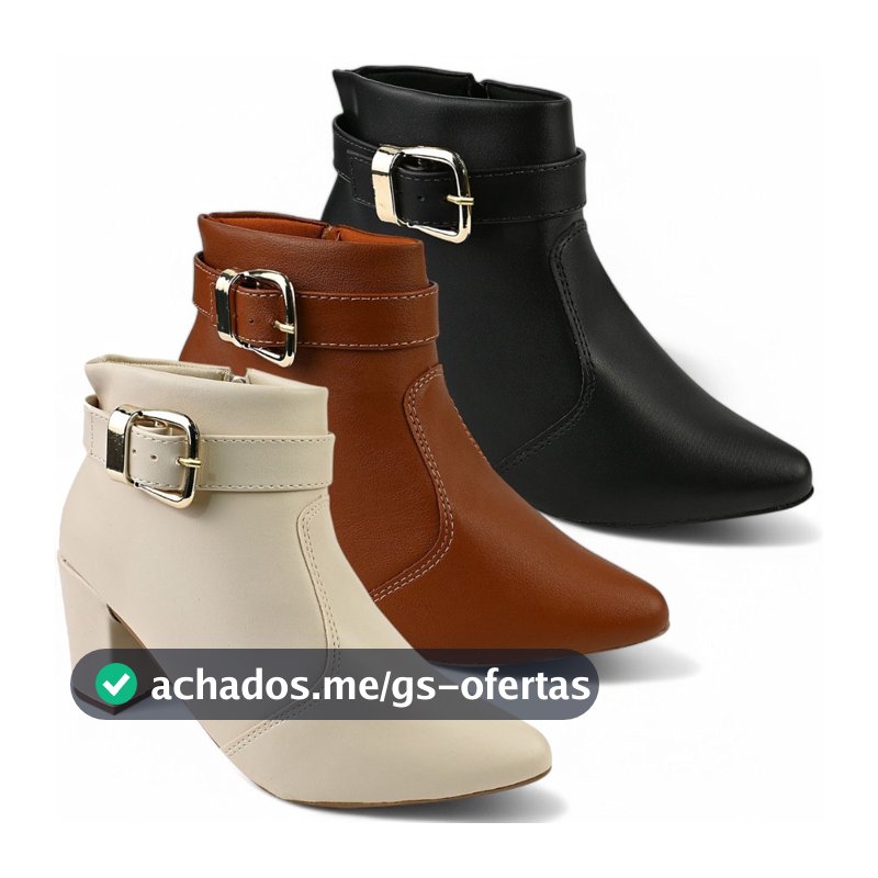 Bota Feminina com Fivela Removível Cano Curto com Ziper Salto Grosso Bico Fino Dia das Mães