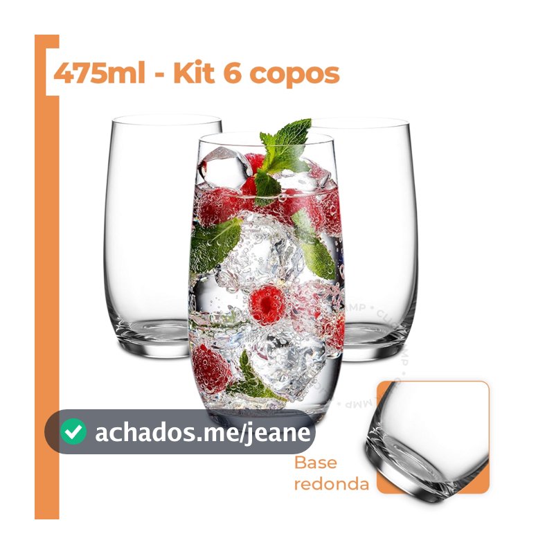 Kit 6 Copos Iara Vidro Transparente Azul Vermelho Fumê Elegante 475ml