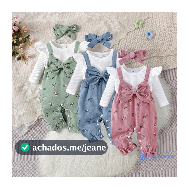 VIC-Conjunto Roupa Bebê Menina 2 Peças Blusa Manga Longa + Macacão Suspensório Estampa Floral Com Laço + Faixa De Cabelo