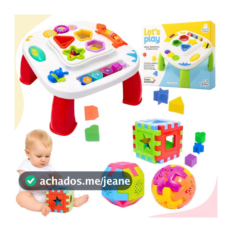 Kit Mesinha Didática Infantil Sensorial Mesa Divertida + 3 Cubos Bolas Educativas Formas De Encaixe