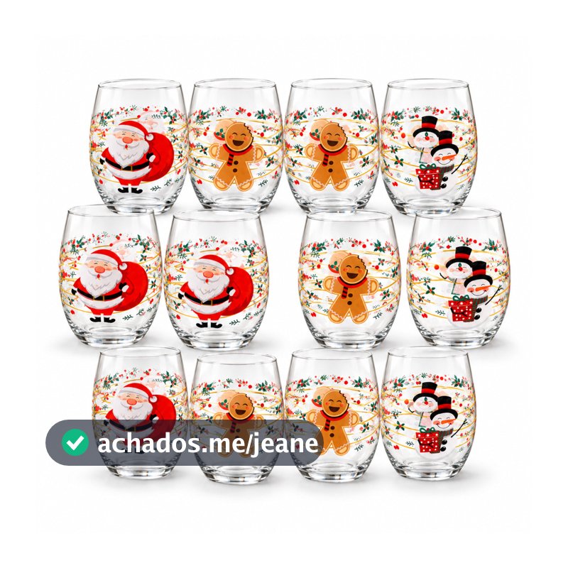 Kit 12 Copos Vidro 465ml Aruba Estampa Natal Decoração Casa