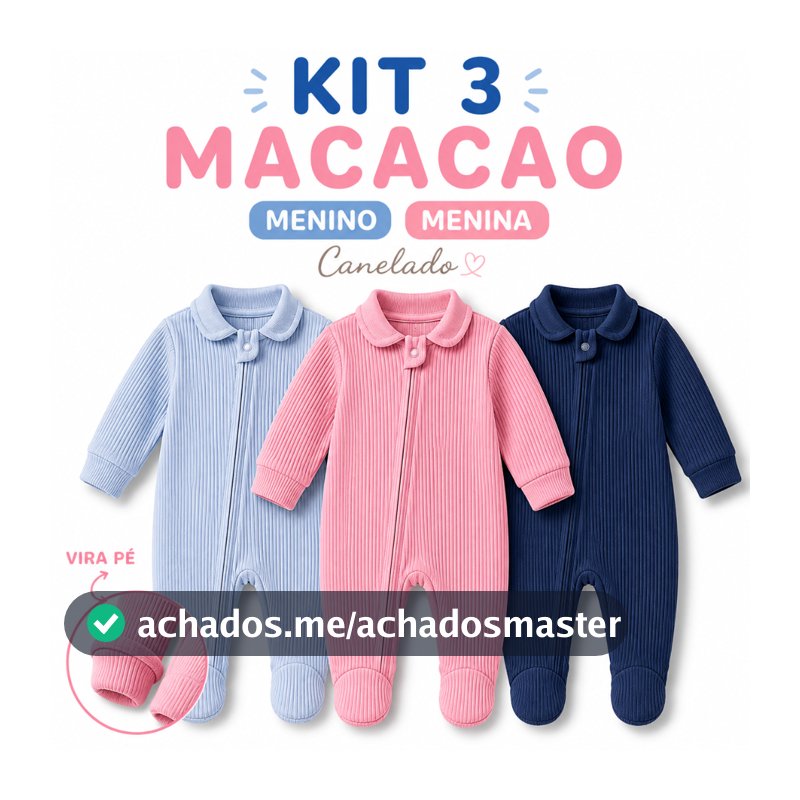 Kit 3 Macacão Manga Longa Canelado Para Bebê C/Zíper Tecido 100% Algodão RN P M G