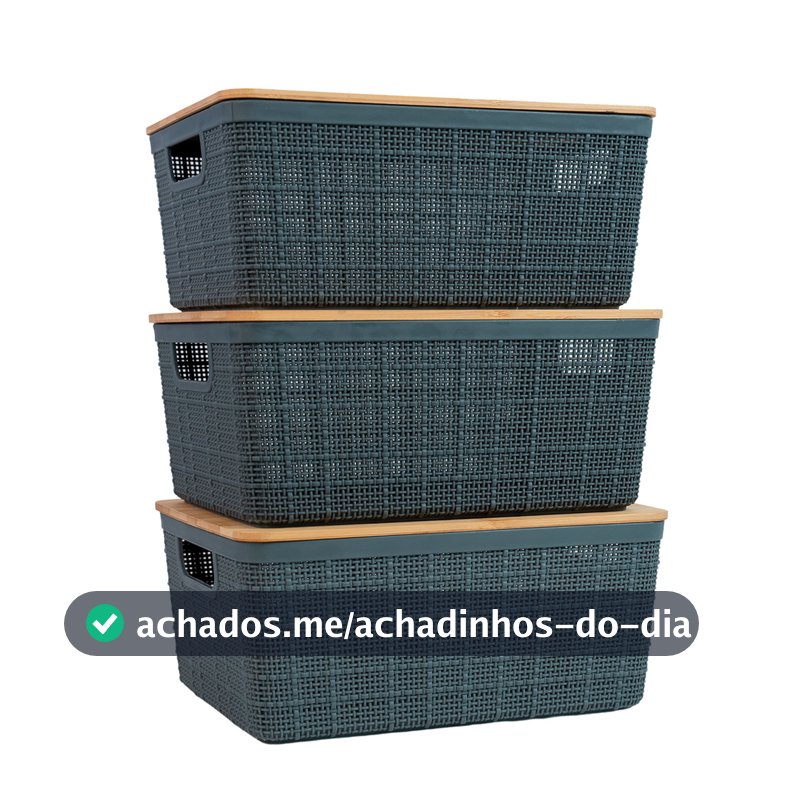 Kit 3 Caixas Organizadoras 4 Litros Cinza C/ Tampa Bambu Oikos