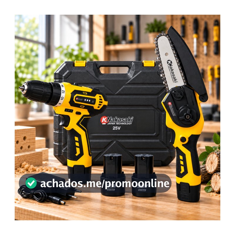 Kit Parafusadeira Furadeira + Mini Motosserra Nakasaki Profissional 25V 2 Baterias com Maleta