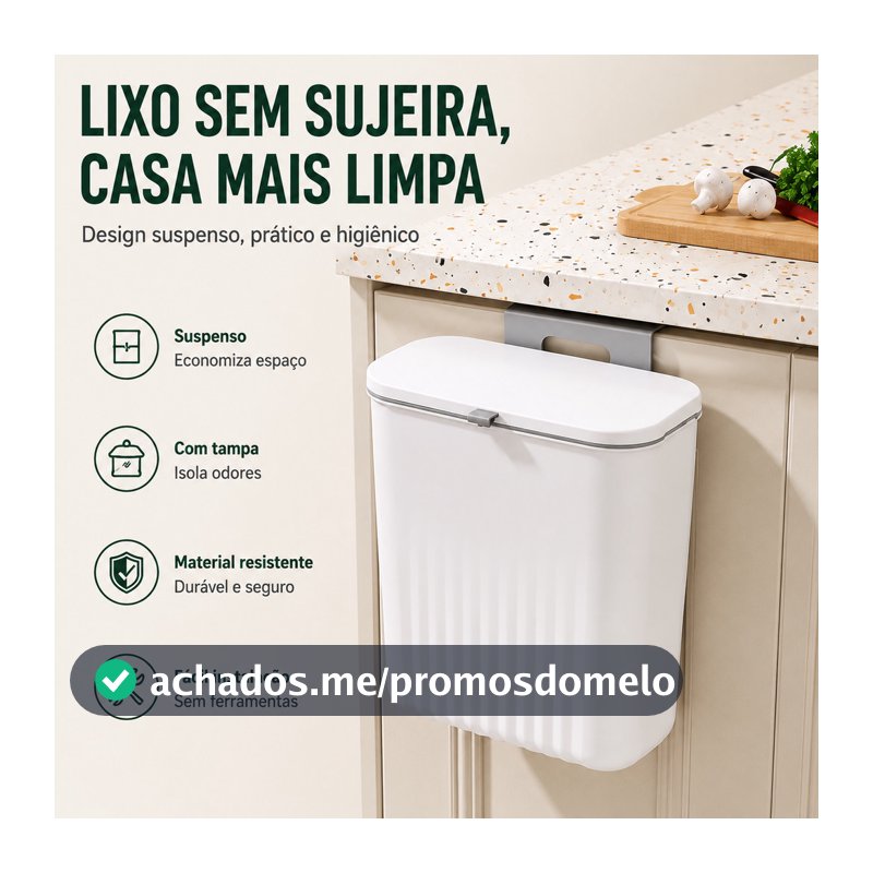 Lixeira Dobrável Suspensa para Cozinha Porta de Armário Grande Capacidade com Tampa Retrátil Economia de Espaço