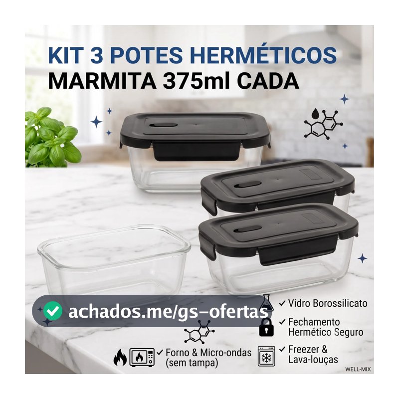 Conjunto 3 Potes De Vidro Marmita Hermético 375ml Geladeira Freezer Marmitinha