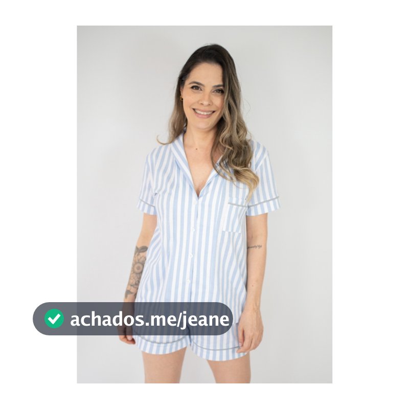 Pijama Feminino Americano Curto com Botões Frente Algodão Pós-Cirúrgico Amamentação–Azul listrado