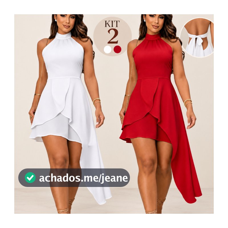 Kit 2 Vestido Feminino Curto Duna Assimétrico Amarração Nas Costas Com Elástico Leve Solto Verão