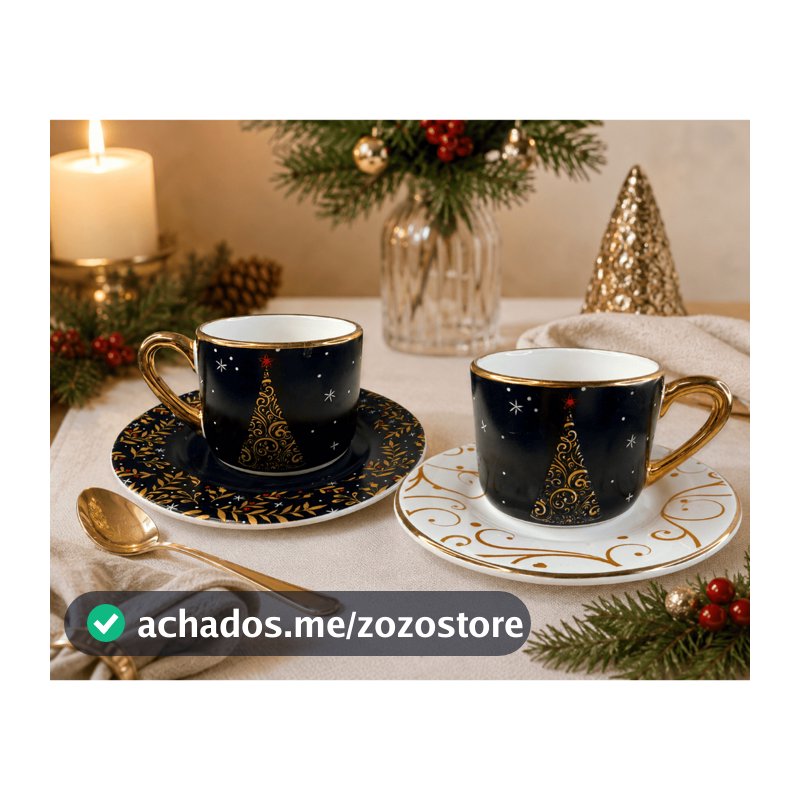 Kit Jogo Xícara e Pires Estampa Natal Decoração Natalina Presente Criativo Ideal Para Mesa Posta Elegante