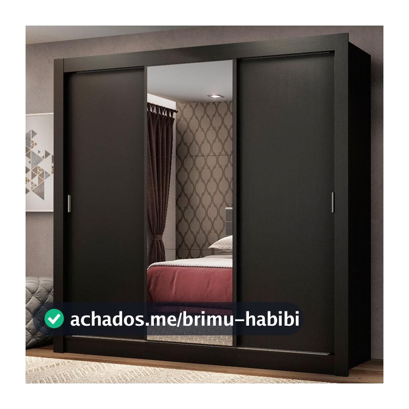 Guarda Roupa Casal 3 Portas de Correr com Espelho Preto Madesa Mônaco