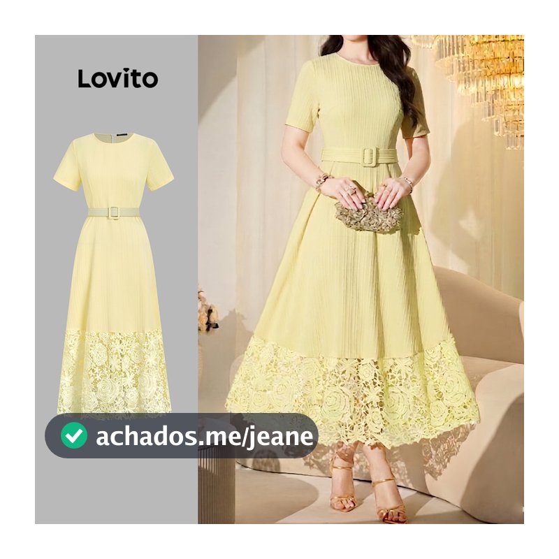 Lovito Vestido Midi Amarelo Casual De Corte Evasê Com Cinto E Gola Redonda Para Primavera/verão Para Uso Diário Feminina Bordado LR41E046
