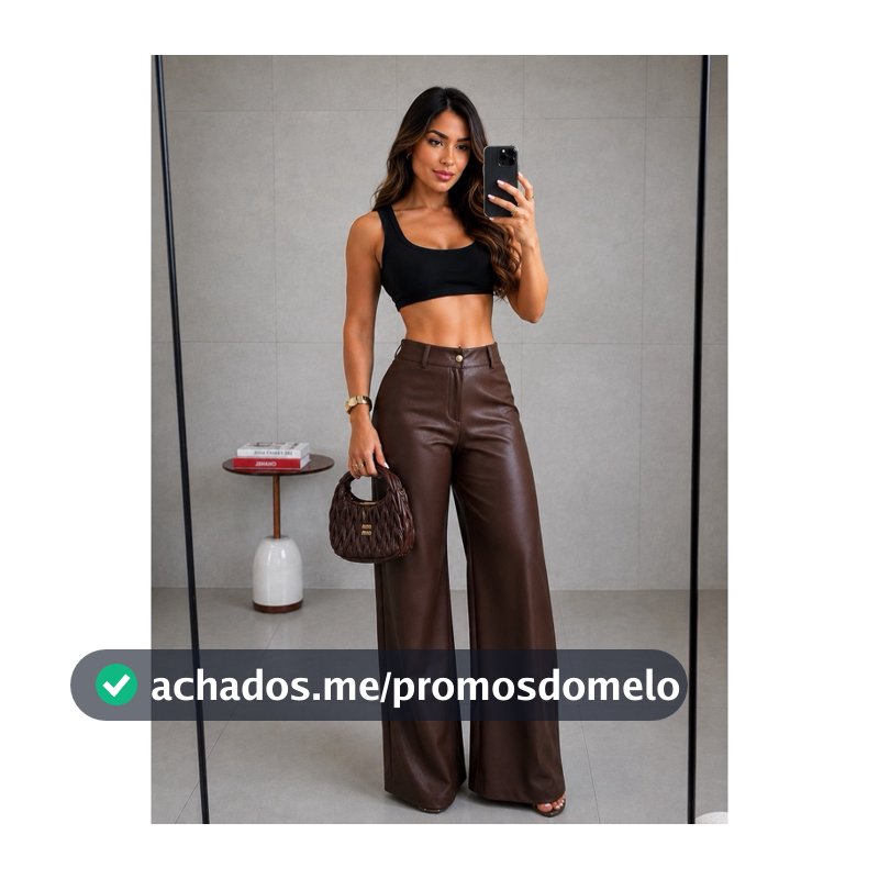 Calça Pantalona Feminina Couro Sintético Premium Wide Leg Cintura Alta