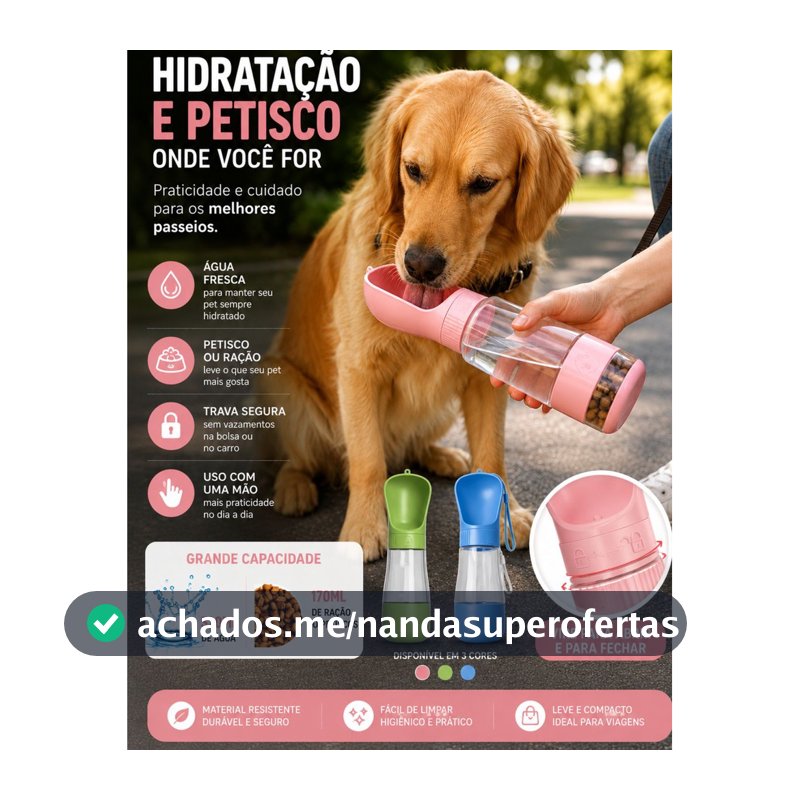 Garrafa de Água Ração 2 em 1 Portátil C/ Dispenser Cachorro Gato Multifuncional Passeio