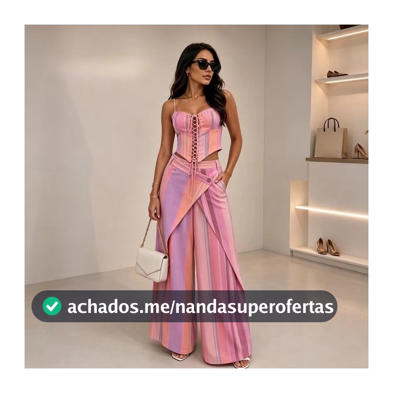 Conjunto De Duas Peças Com Blusa Assimétrica Listrada Retrô Bloqueada Em Cores E Calças Largas 202608A