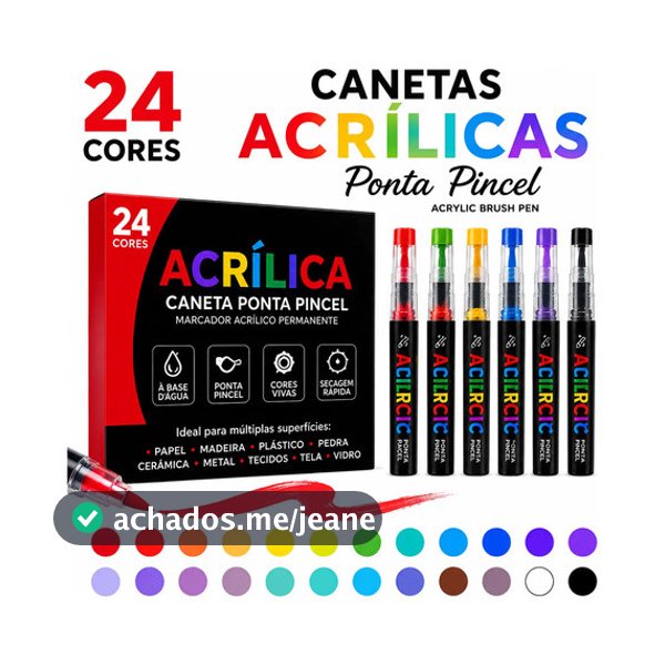 24 Caneta Marcador Acrílico Ponta Pincel Brush Acrylic Marke Multicolor