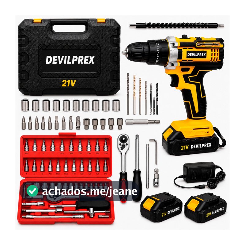 Kit Furadeira Parafusadeira 2 Baterias Profissional 21V Bivolt Acessórios E Maleta Soquete